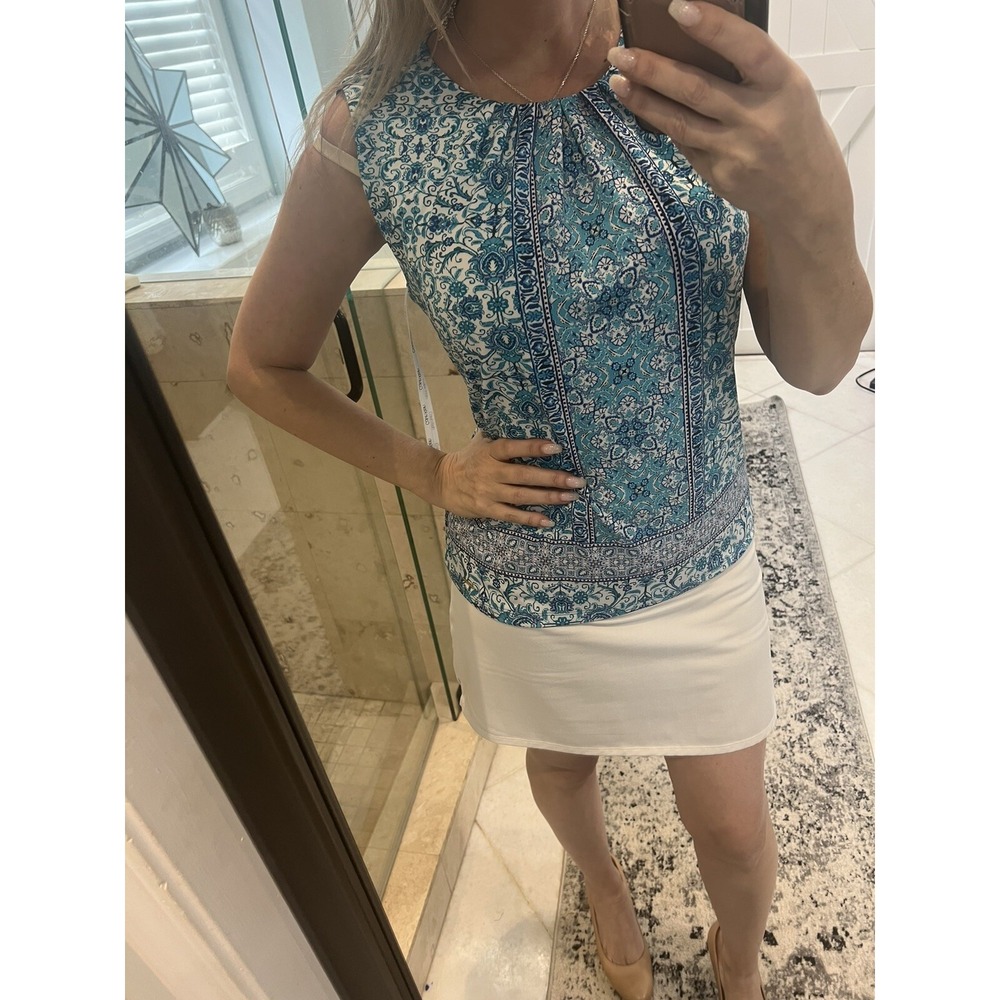 Calvin Klein Stretch Sleeveless Paisley Top High Neck Blue White Women Sz M